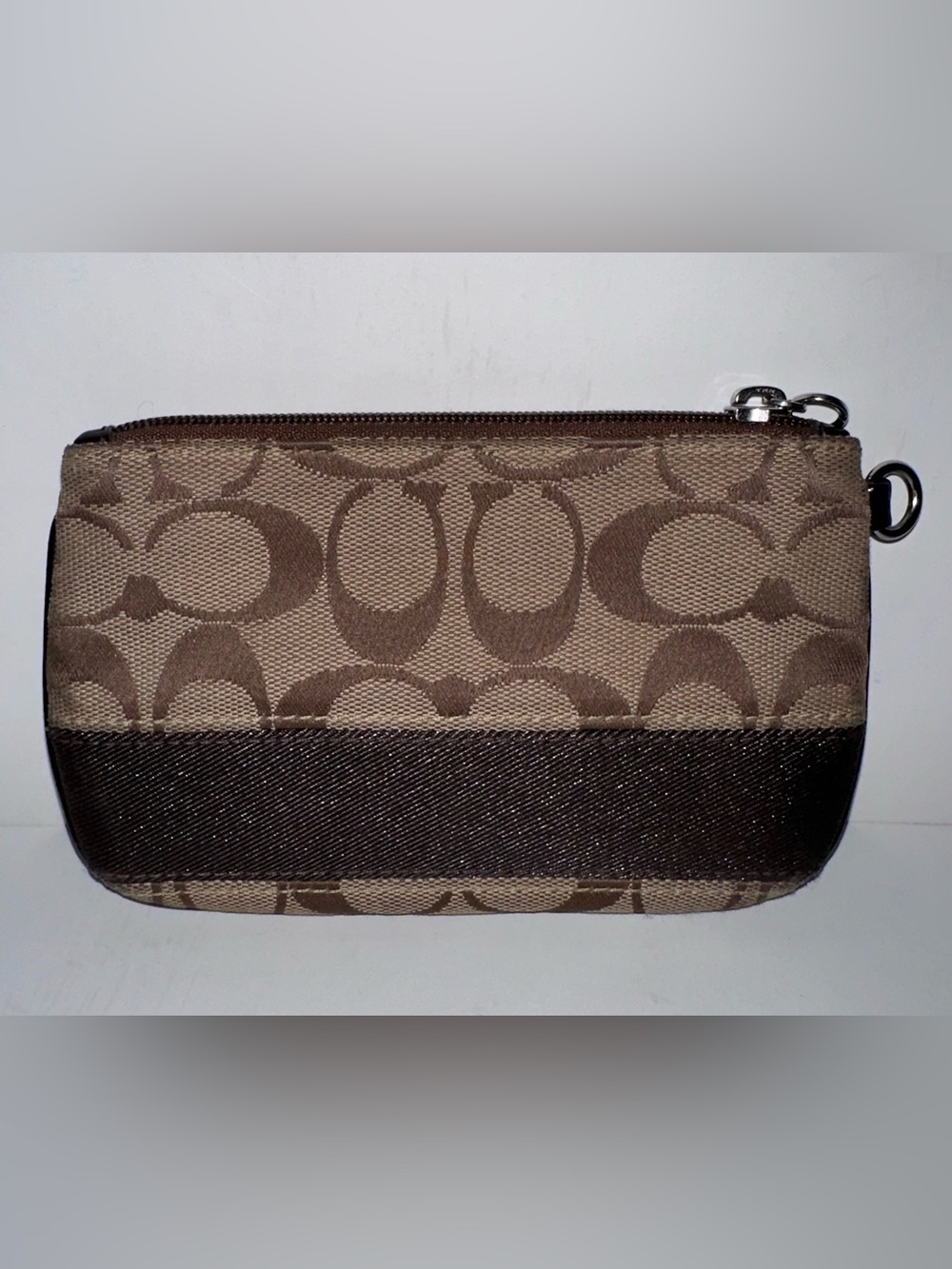 Coach Tan Brown Signature Canvas Corner Zip Wristlet Monogram Jacquard Wallet